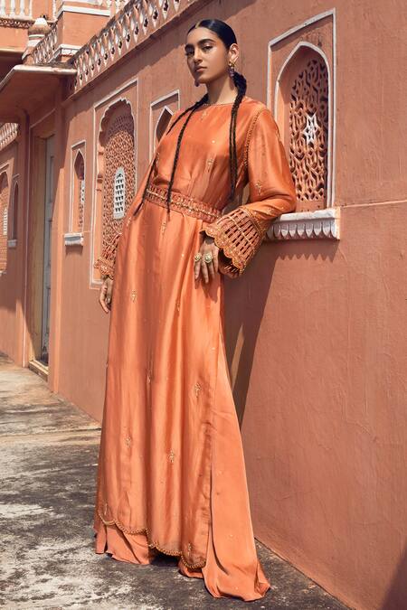 Shop Supria Munjal Orange Organza And Satin Georgette Beads & Sequin, Embroidered Kurta Sharara Set at Aza Fashions Shop_Supria Munjal_Orange Organza And Satin Georgette Beads & Sequin, Embroidered Kurta Sharara Set_at_Aza_Fashions