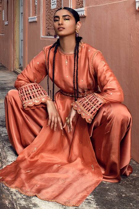 Supria Munjal Orange Organza And Satin Georgette Beads & Sequin, Embroidered Kurta Sharara Set Online at Aza Fashions Supria Munjal_Orange Organza And Satin Georgette Beads & Sequin, Embroidered Kurta Sharara Set_Online_at_Aza_Fashions