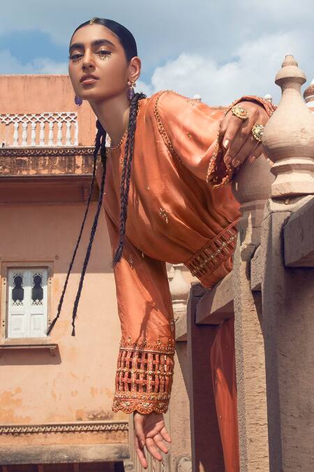 Shop Supria Munjal Orange Organza And Satin Georgette Beads & Sequin, Embroidered Kurta Sharara Set Online at Aza Fashions Shop_Supria Munjal_Orange Organza And Satin Georgette Beads & Sequin, Embroidered Kurta Sharara Set_Online_at_Aza_Fashions