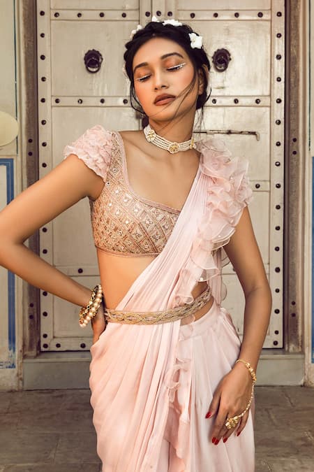 Shop Supria Munjal Pink Chanderi, Organza And Satin Georgette Sequin, Pre-draped Saree With Blouse at Aza Fashions Shop_Supria Munjal_Pink Chanderi, Organza And Satin Georgette Sequin, Pre-draped Saree With Blouse_at_Aza_Fashions