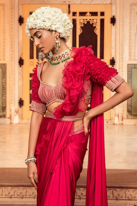 Shop Supria Munjal Pink Chanderi, Organza And Satin Georgette Sequin, Pre-draped Saree With Blouse at Aza Fashions Shop_Supria Munjal_Pink Chanderi, Organza And Satin Georgette Sequin, Pre-draped Saree With Blouse_at_Aza_Fashions