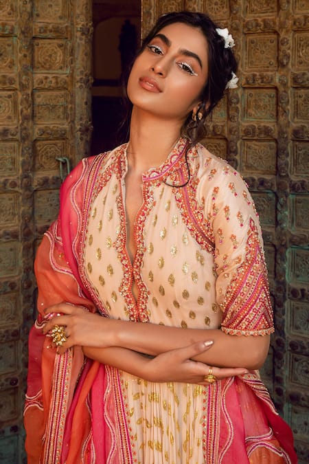 Shop_Supria Munjal_Pink Georgette And Organza Cutdana & Thread, Embroidered Anarkali With Dupatta _at_Aza_Fashions