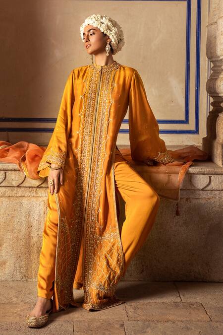 Shop Supria Munjal Yellow Organza And Satin Georgette Beads & Embroidered Jacket Style Kurta Set at Aza Fashions Shop_Supria Munjal_Yellow Organza And Satin Georgette Beads & Embroidered Jacket Style Kurta Set_at_Aza_Fashions