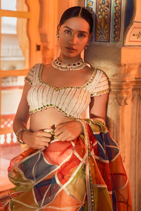 Supria Munjal_Pink Pure Organza And Satin Georgette Beads & Mirror Embroidered Saree With Blouse _Online_at_Aza_Fashions