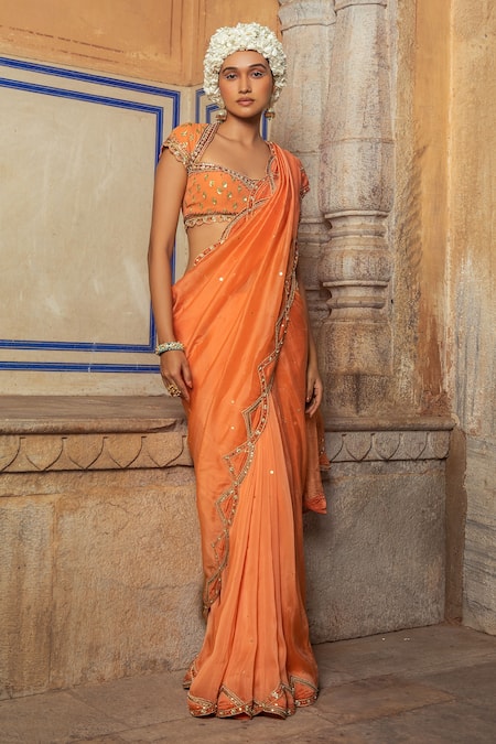 Toasted Orange Embroidered Tiered Sari Set | Arpita Mehta – KYNAH