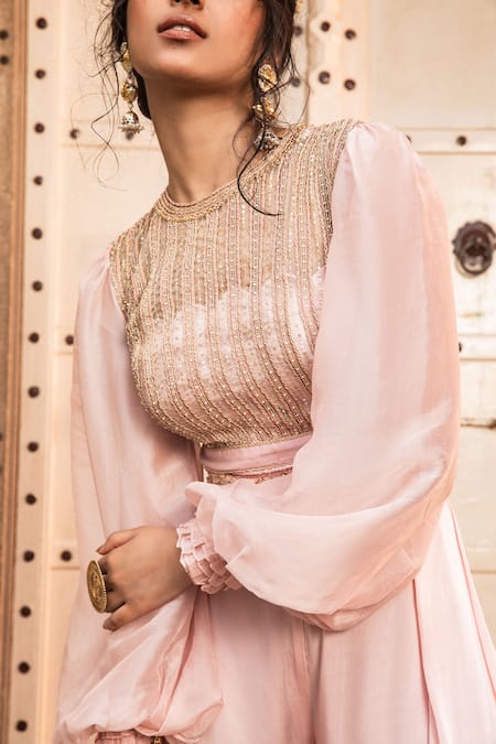 Supria Munjal_Pink Organza And Satin Georgette Bead, Sequin & Embroidered Crop Top & Pant Set_Online_at_Aza_Fashions