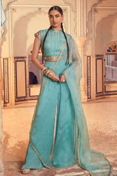 Supria Munjal Blue Organza And Satin Georgette Embroidery Sequin & Blouse & Pant Set 
