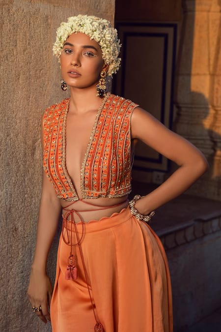 Shop_Supria Munjal_Orange Chanderi And Satin Georgette Embroidery Sequin Jacket & Pant Set  _at_Aza_Fashions