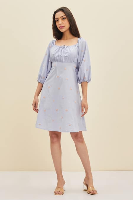 Meadow Blue Cotton Poplin Floral Scoop Neck Sierra Ruched Dress