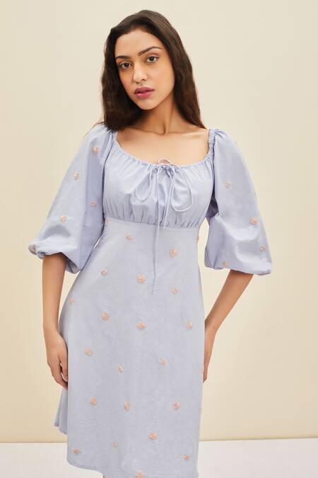 Buy_Meadow_Blue Cotton Poplin Floral Scoop Neck Sierra Ruched Dress_Online_at_Aza_Fashions