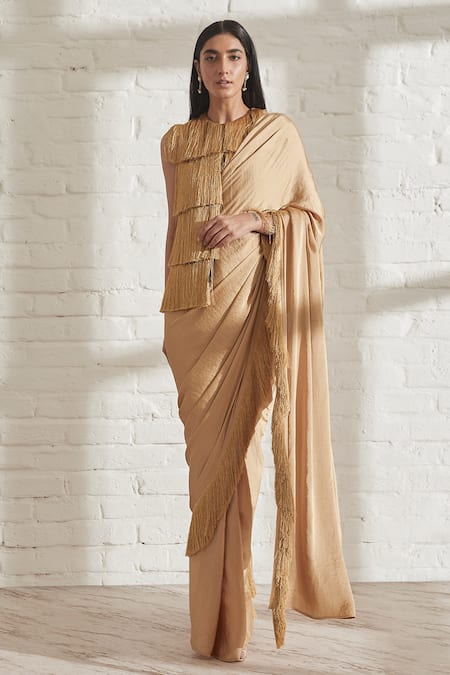 431-88 by Shweta Kapur Gold Satin Noor Fringe Pre- Draped Saree And Jacket Set