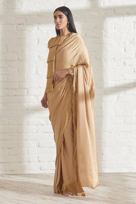 Buy_431-88 By Shweta Kapur_Gold Satin Noor Fringe Pre- Draped Saree And Jacket Set_Online_at_Aza_Fashions