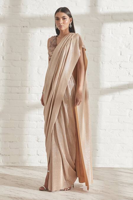 431-88 By Shweta Kapur Beige Pre-draped Metallic Saree With Blouse Online at Aza Fashions 431-88 By Shweta Kapur_Beige Pre-draped Metallic Saree With Blouse_Online_at_Aza_Fashions