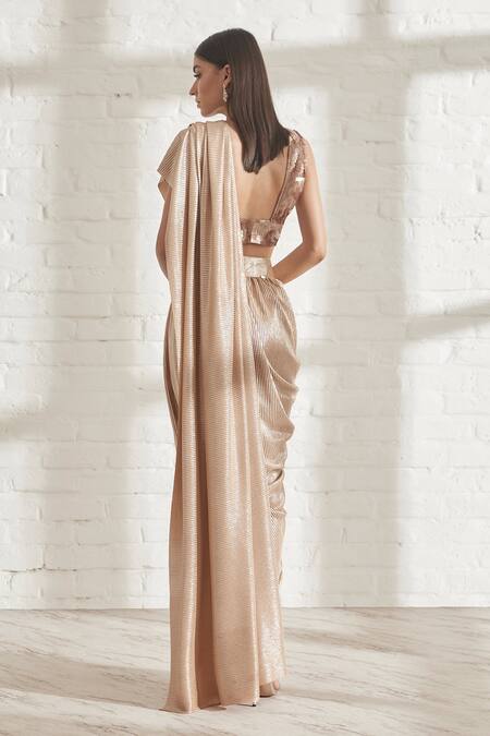 Shop 431-88 By Shweta Kapur Beige Pre-draped Metallic Saree With Blouse at Aza Fashions Shop_431-88 By Shweta Kapur_Beige Pre-draped Metallic Saree With Blouse_at_Aza_Fashions