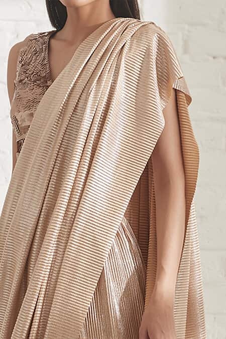 Buy 431-88 By Shweta Kapur Beige Pre-draped Metallic Saree With Blouse Online at Aza Fashions Buy_431-88 By Shweta Kapur_Beige Pre-draped Metallic Saree With Blouse_Online_at_Aza_Fashions