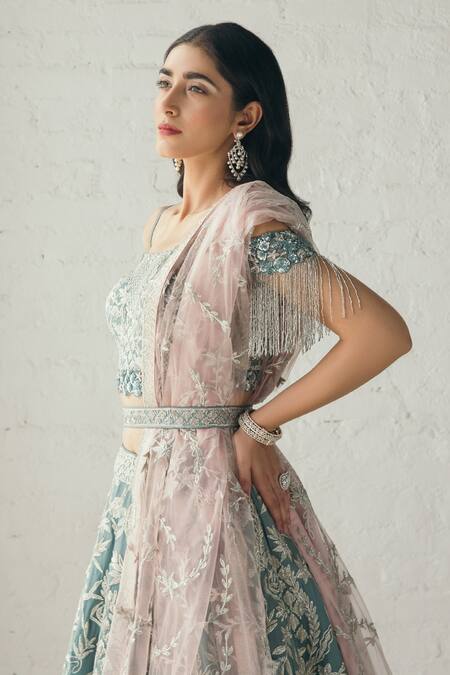 Shop_Studio Iris India_Blue Georgette Cold Shoulder Embroidered Lehenga Set_Online_at_Aza_Fashions