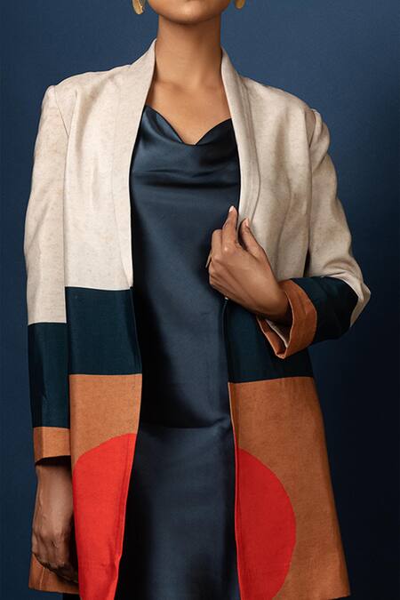 Buy Multi Color Natural Crepe Jacket Shawl Collar Slip Dress With