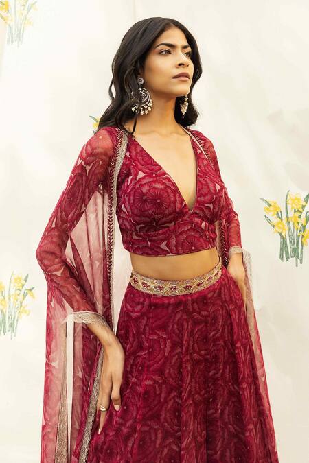 Seeaash_Red Chiffon Printed Floral Plunge V Neck Bahaar Cape With Palazzo Set_Online_at_Aza_Fashions