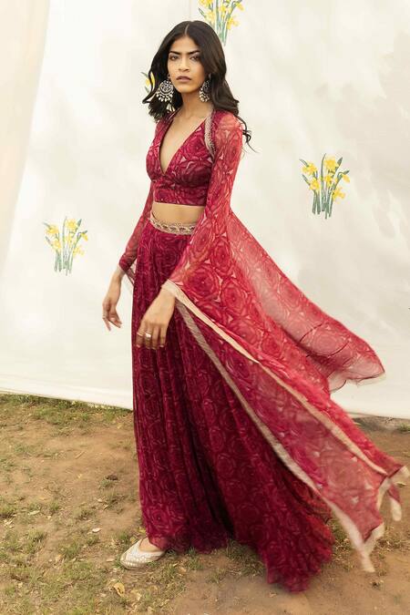 Buy_Seeaash_Red Chiffon Printed Floral Plunge V Neck Bahaar Cape With Palazzo Set_Online_at_Aza_Fashions