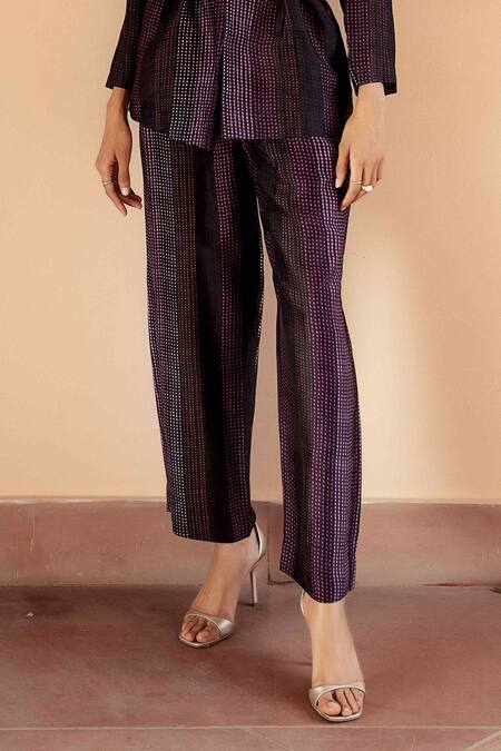 Shop_Seeaash_Black Dupion Silk Printed Dotted Stripes Shawl Lapel Safar Blazer And Pant Set_Online_at_Aza_Fashions