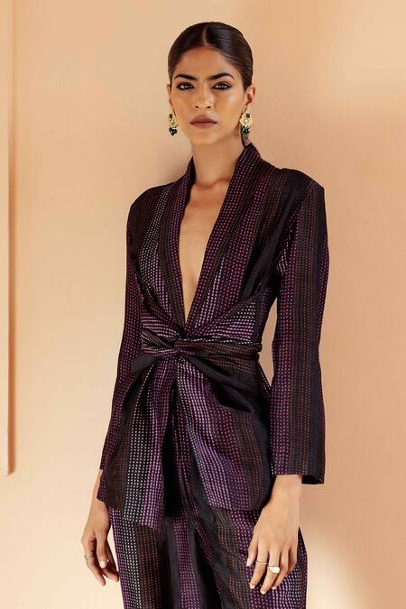 Seeaash_Black Dupion Silk Printed Dotted Stripes Shawl Lapel Safar Blazer And Pant Set_Online_at_Aza_Fashions