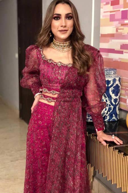 Shop_Ridhima Bhasin_Pink Georgette Square Neck Printed Sharara Saree With Blouse  _Online_at_Aza_Fashions