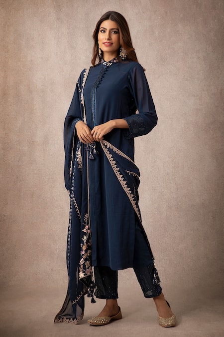 Ajiesh Oberoi_Blue Organza, Georgette, Rayon Mandarin Collar Embroidered Kurta Set _Online_at_Aza_Fashions