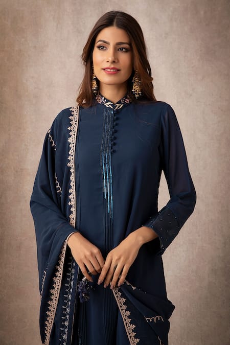 Buy_Ajiesh Oberoi_Blue Organza, Georgette, Rayon Mandarin Collar Embroidered Kurta Set _Online_at_Aza_Fashions