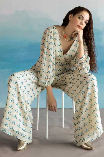 EASE_Off White Georgette Floral V Neck Print Jumpsuit_Online_at_Aza_Fashions