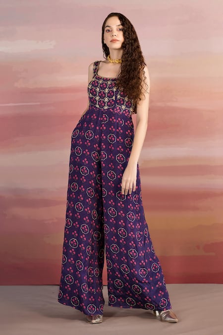 Buy Purple Georgette Embroidered Floral Scoop Print Sleeveless Jumpsuit For Women by Ease Online at Aza Fashions