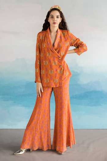 Buy EASE Orange Pure Crepe Floral Flap Collar Overlap Jacket And Pant Set at Aza Fashions Buy_EASE_Orange Pure Crepe Floral Flap Collar Overlap Jacket And Pant Set_at_Aza_Fashions