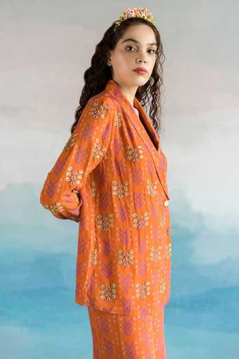 EASE Orange Pure Crepe Floral Flap Collar Overlap Jacket And Pant Set Online at Aza Fashions EASE_Orange Pure Crepe Floral Flap Collar Overlap Jacket And Pant Set_Online_at_Aza_Fashions