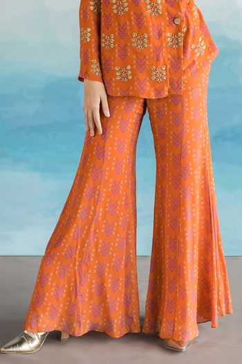 Buy EASE Orange Pure Crepe Floral Flap Collar Overlap Jacket And Pant Set Online at Aza Fashions Buy_EASE_Orange Pure Crepe Floral Flap Collar Overlap Jacket And Pant Set_Online_at_Aza_Fashions