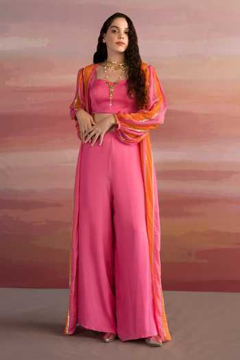 Pink Slub Silk Printed And Embroidered Floral Jacket: Palazzo Set