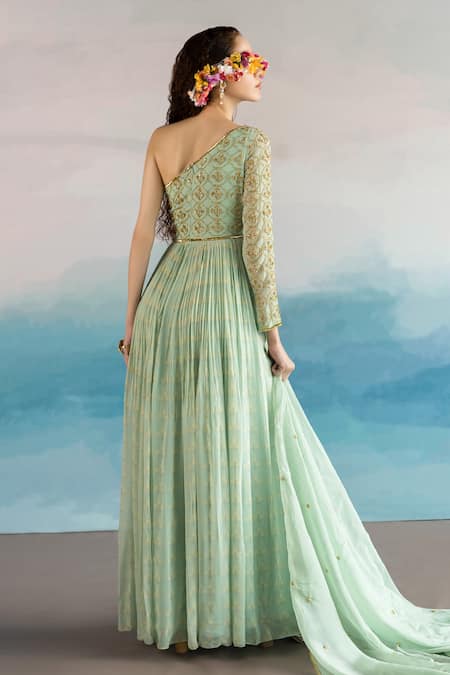 Shop EASE Blue Georgette, Viscose Organza Floral One Shoulder Anarkali With Dupatta at Aza Fashions Shop_EASE_Blue Georgette, Viscose Organza Floral One Shoulder Anarkali With Dupatta _at_Aza_Fashions