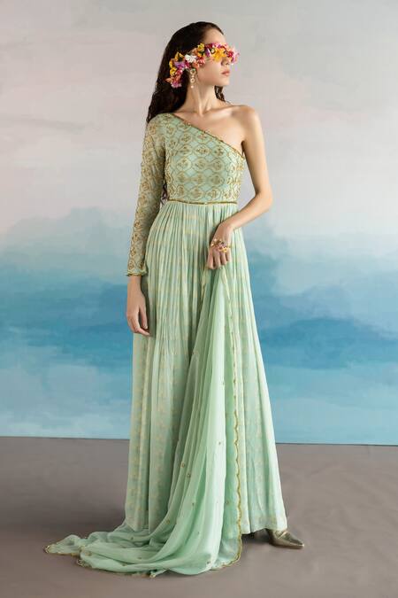 EASE Blue Georgette, Viscose Organza Floral One Shoulder Anarkali With Dupatta Online at Aza Fashions EASE_Blue Georgette, Viscose Organza Floral One Shoulder Anarkali With Dupatta _Online_at_Aza_Fashions