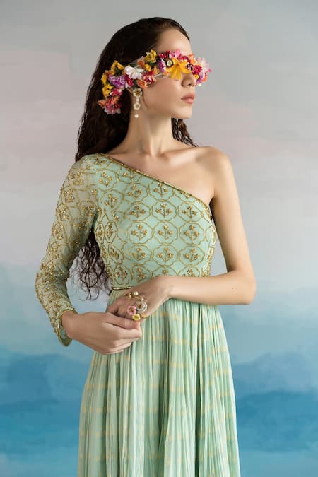 Buy EASE Blue Georgette, Viscose Organza Floral One Shoulder Anarkali With Dupatta Online at Aza Fashions Buy_EASE_Blue Georgette, Viscose Organza Floral One Shoulder Anarkali With Dupatta _Online_at_Aza_Fashions