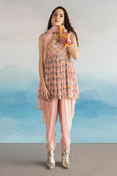EASE Pink , Viscose Organza, Pure Lotus Notched Print Kurta Dhoti Pant Set