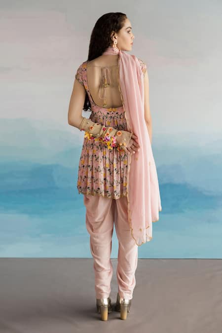 Shop EASE Pink , Viscose Organza, Pure Lotus Notched Print Kurta Dhoti Pant Set at Aza Fashions Shop_EASE_Pink , Viscose Organza, Pure Lotus Notched Print Kurta Dhoti Pant Set _at_Aza_Fashions