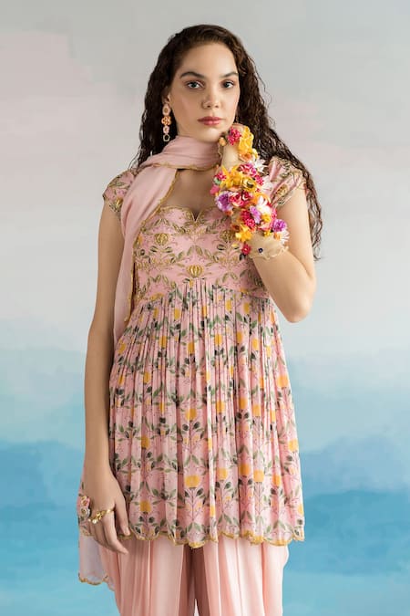 EASE Pink , Viscose Organza, Pure Lotus Notched Print Kurta Dhoti Pant Set Online at Aza Fashions EASE_Pink , Viscose Organza, Pure Lotus Notched Print Kurta Dhoti Pant Set _Online_at_Aza_Fashions