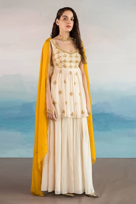 EASE Off White Viscose Organza, Pure Crepe Floral V Embroidered Kurta Sharara Set