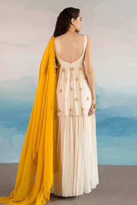 Shop EASE Off White Viscose Organza, Pure Crepe Floral V Embroidered Kurta Sharara Set at Aza Fashions Shop_EASE_Off White Viscose Organza, Pure Crepe Floral V Embroidered Kurta Sharara Set _at_Aza_Fashions