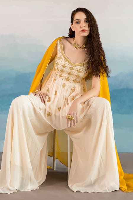 EASE Off White Viscose Organza, Pure Crepe Floral V Embroidered Kurta Sharara Set Online at Aza Fashions EASE_Off White Viscose Organza, Pure Crepe Floral V Embroidered Kurta Sharara Set _Online_at_Aza_Fashions