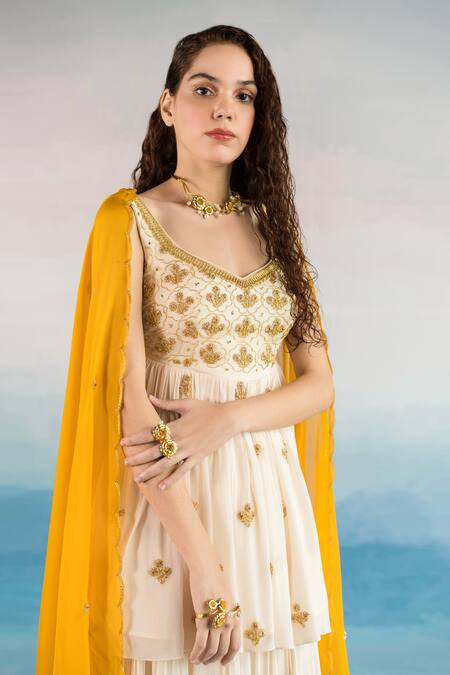 Buy EASE Off White Viscose Organza, Pure Crepe Floral V Embroidered Kurta Sharara Set Online at Aza Fashions Buy_EASE_Off White Viscose Organza, Pure Crepe Floral V Embroidered Kurta Sharara Set _Online_at_Aza_Fashions