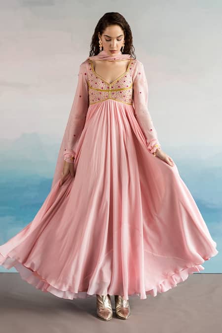 EASE Pink Viscose Organza, Pure Crepe Floral V Neck Embroidered Anarkali With Dupatta