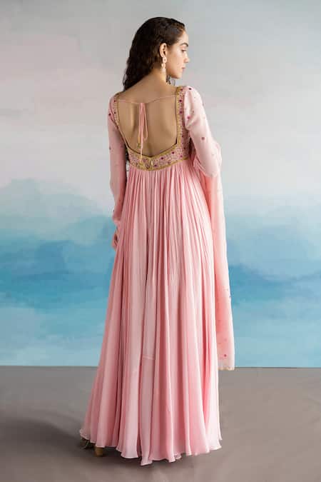 Shop EASE Pink Viscose Organza, Pure Crepe Floral V Neck Embroidered Anarkali With Dupatta at Aza Fashions Shop_EASE_Pink Viscose Organza, Pure Crepe Floral V Neck Embroidered Anarkali With Dupatta _at_Aza_Fashions