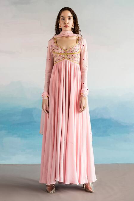 EASE Pink Viscose Organza, Pure Crepe Floral V Neck Embroidered Anarkali With Dupatta Online at Aza Fashions EASE_Pink Viscose Organza, Pure Crepe Floral V Neck Embroidered Anarkali With Dupatta _Online_at_Aza_Fashions