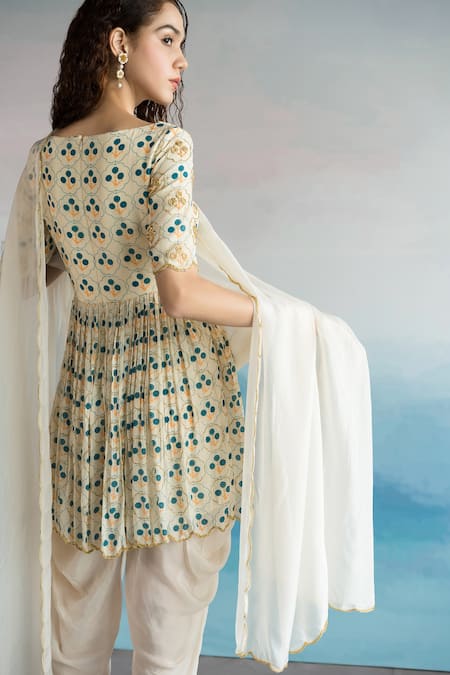 Shop EASE Off White Crepe, Georgette, Viscose Organza Print Peplum Kurta Dhoti Pant Set at Aza Fashions Shop_EASE_Off White Crepe, Georgette, Viscose Organza Print Peplum Kurta Dhoti Pant Set _at_Aza_Fashions