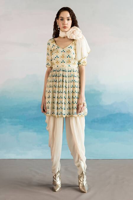 EASE Off White Crepe, Georgette, Viscose Organza Print Peplum Kurta Dhoti Pant Set Online at Aza Fashions EASE_Off White Crepe, Georgette, Viscose Organza Print Peplum Kurta Dhoti Pant Set _Online_at_Aza_Fashions