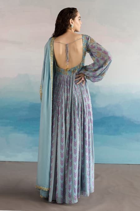 Shop EASE Blue Viscose Organza, Pure Crepe Floral Scoop Neck Printed Anarkali With Dupatta at Aza Fashions Shop_EASE_Blue Viscose Organza, Pure Crepe Floral Scoop Neck Printed Anarkali With Dupatta _at_Aza_Fashions